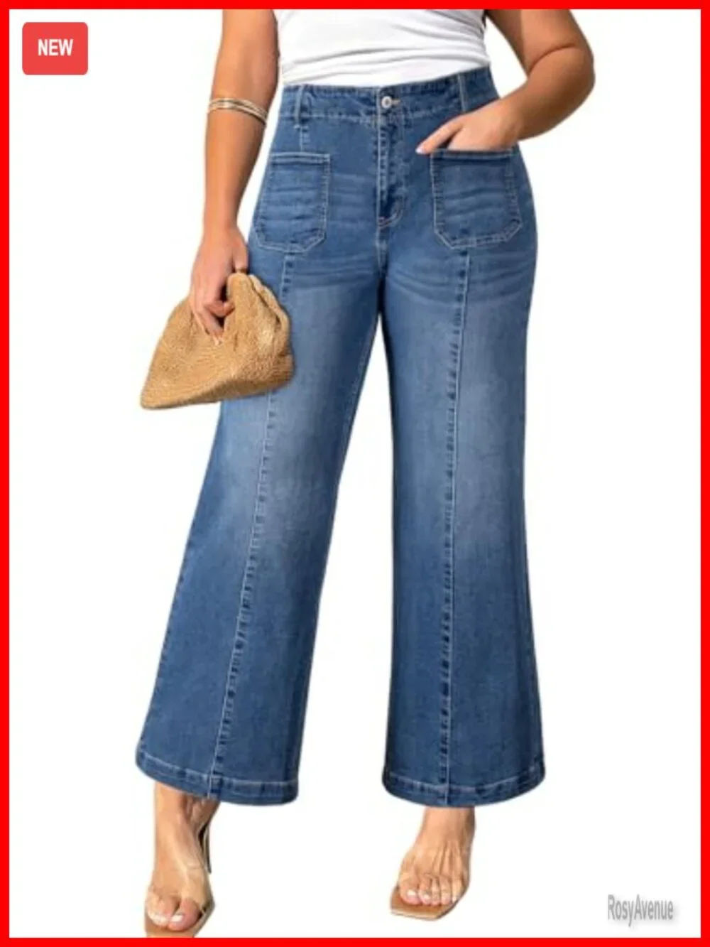 Plus Size Wide Leg Jeans Stretchy Denim Elastic Waist Side Pockets Daily Wear